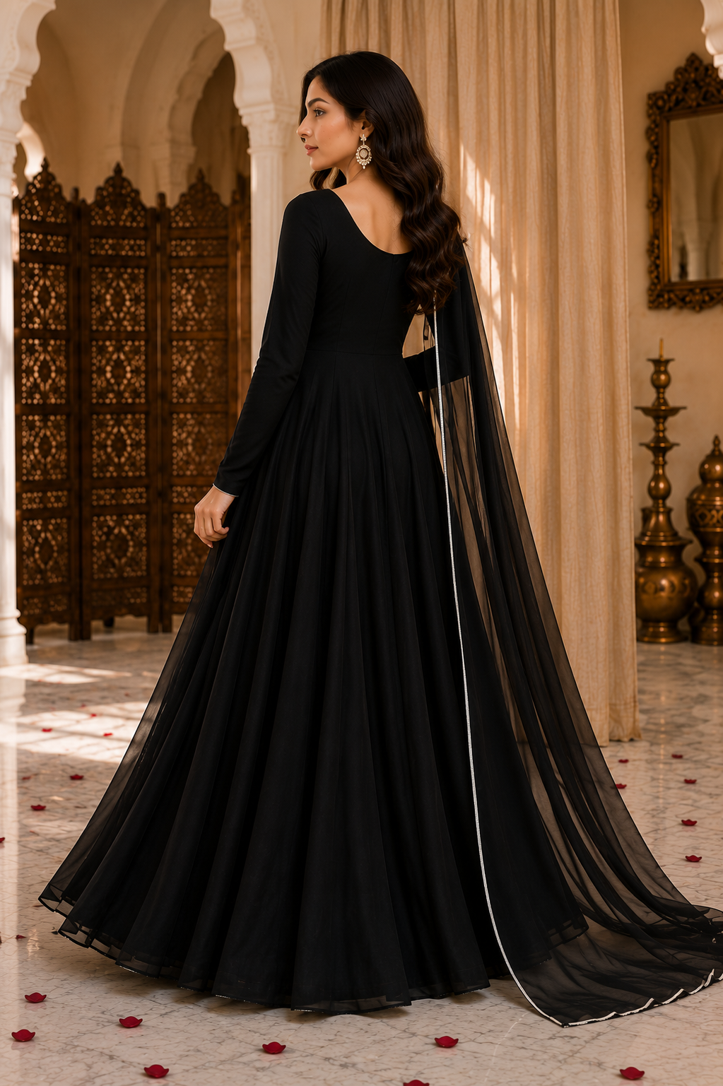 Velvet Noir - Classic Black Chiffon 3-Piece Frock Set