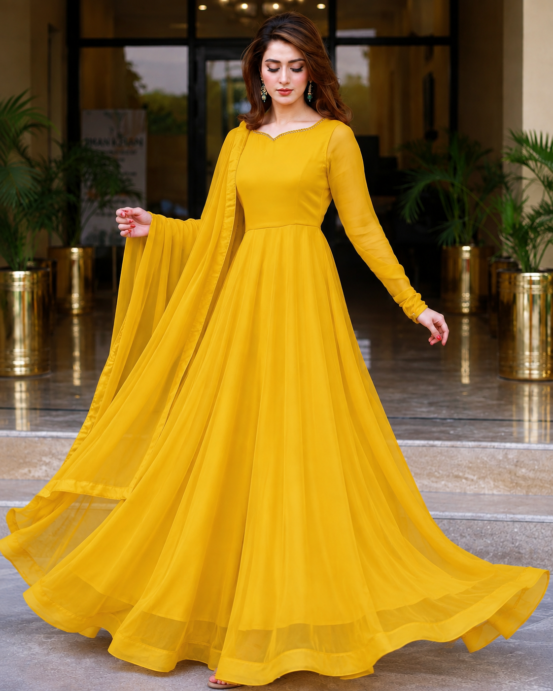 Sunset Glow - Mustard Yellow Chiffon 3-Piece Frock Set