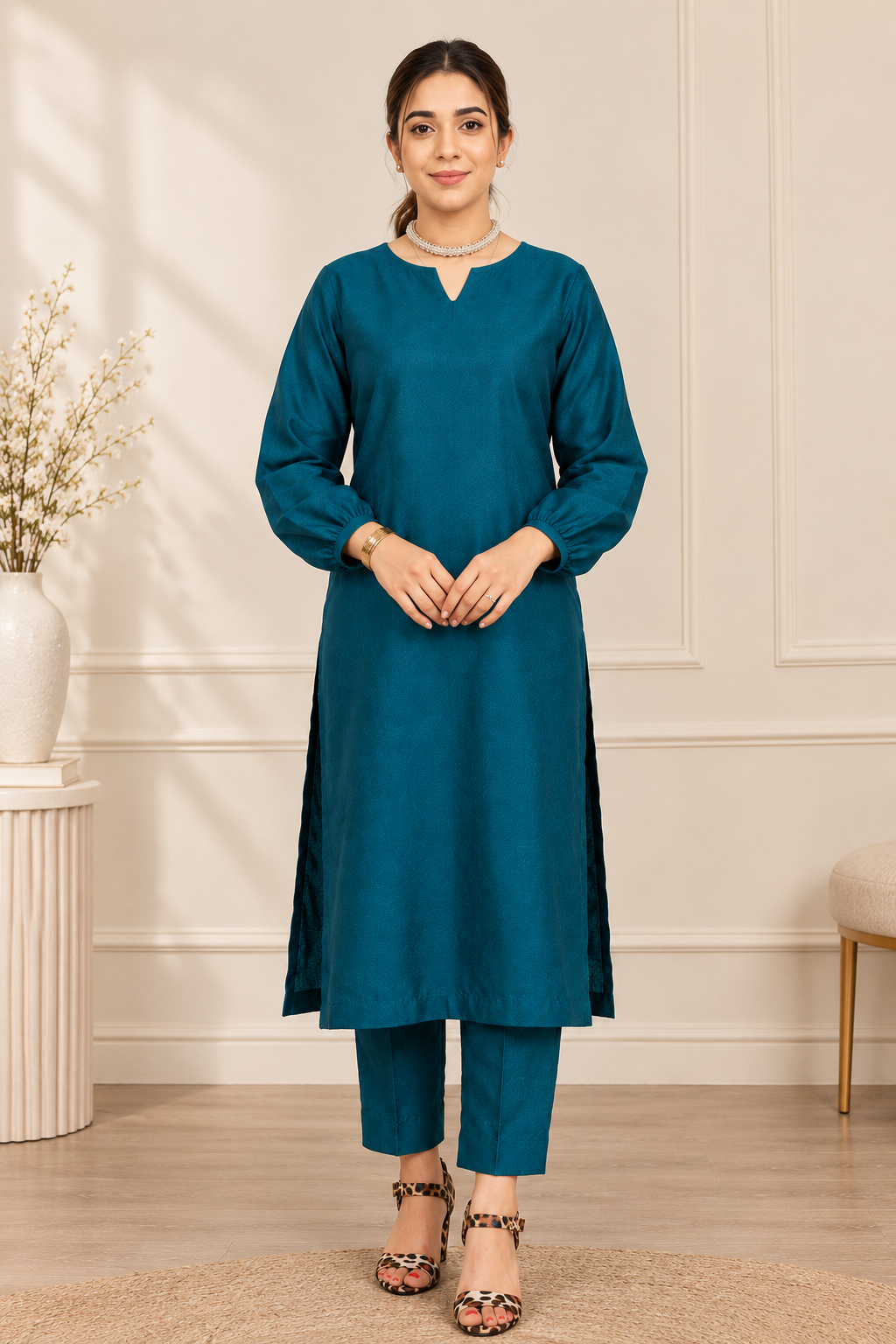 2 Piece Bottle Green Silk Suit | V-Cut Shirt with Wide Pants
