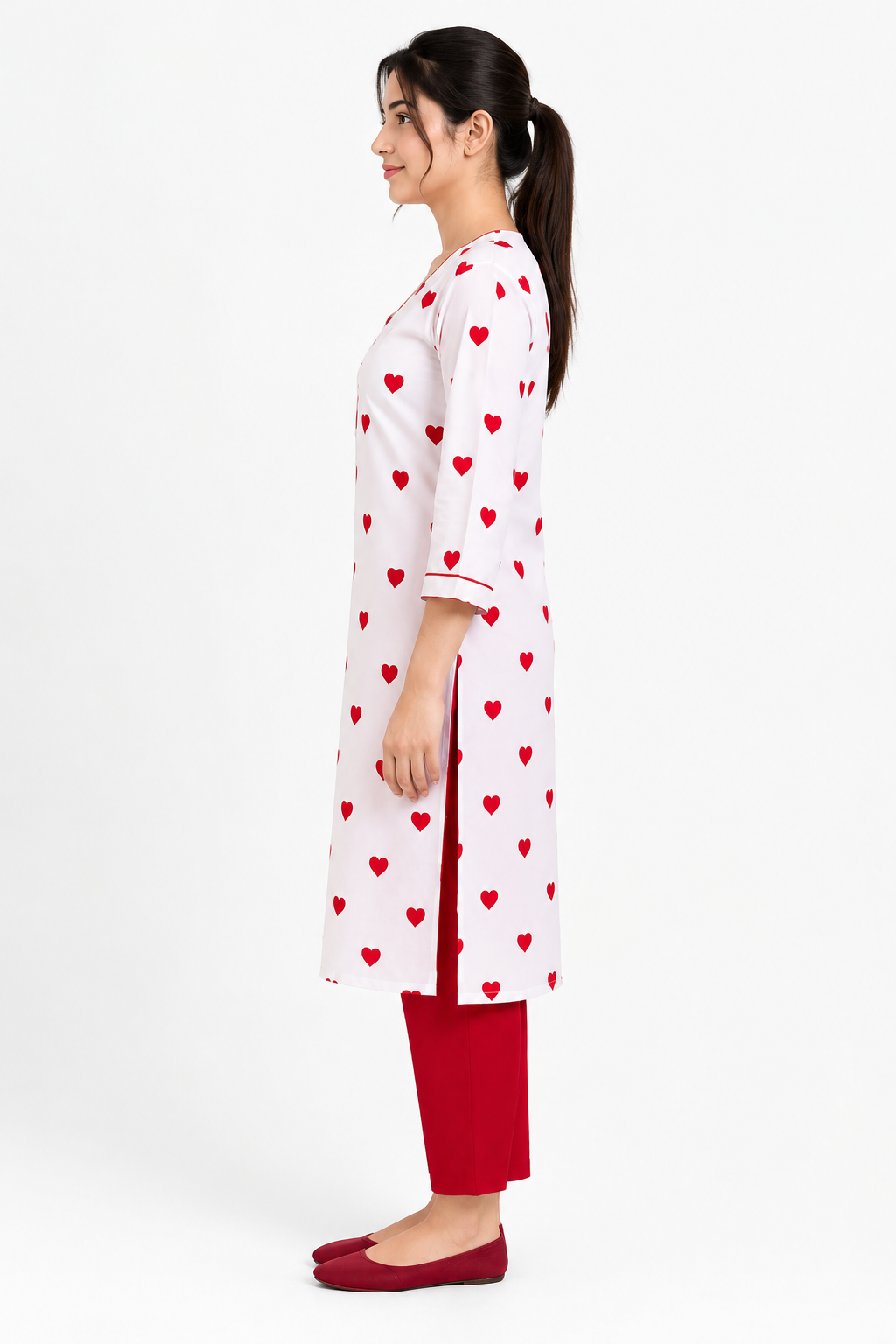 2 Piece Red Heart Print Silk Suit | Printed Shirt with Red Pants