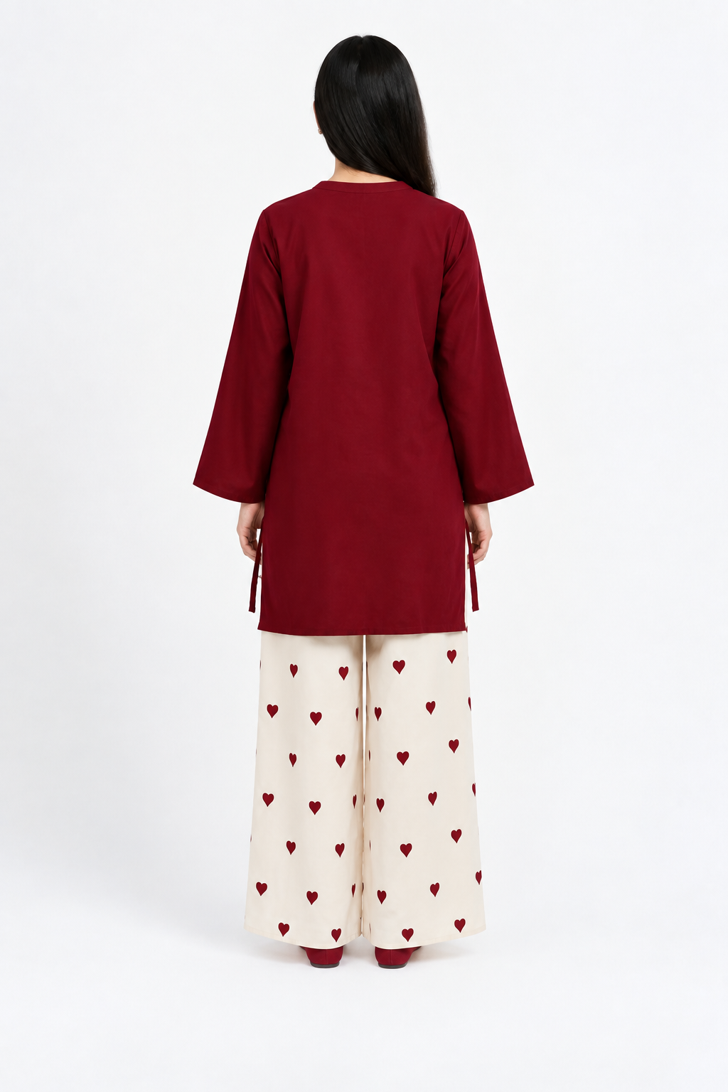 2 Piece Maroon Silk Suit | V-Neck Shirt with Heart Print Pants